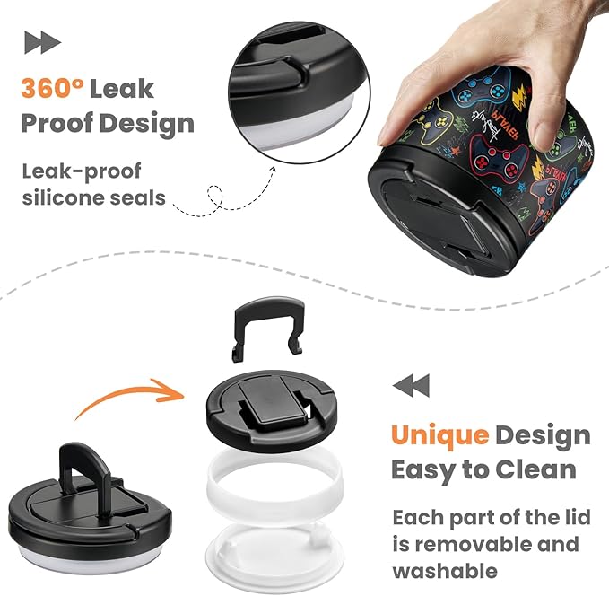 14oz Insulated Vacuum Food Jar with Buckle Lid,Soup Thermo for Hot Food Kids,Wide Mouth Leakproof Stainless Steel Lunch Container with Spoon-Black Game-CubbioJoy