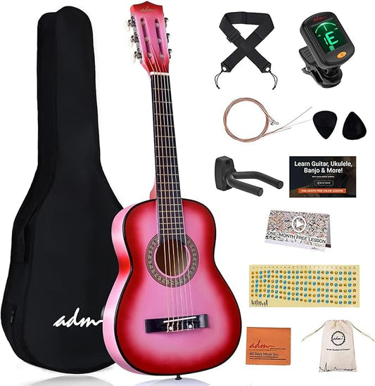 ADM Beginner Acoustic Classical Guitar 30 Inch Nylon Strings Wooden Guitar Bundle Kit for Kid Boy Girl Student Youth Guitarra Online Lessons with Gig Bag, Strap, Tuner, Extra Strings, Picks,Pink 1-CubbioJoy