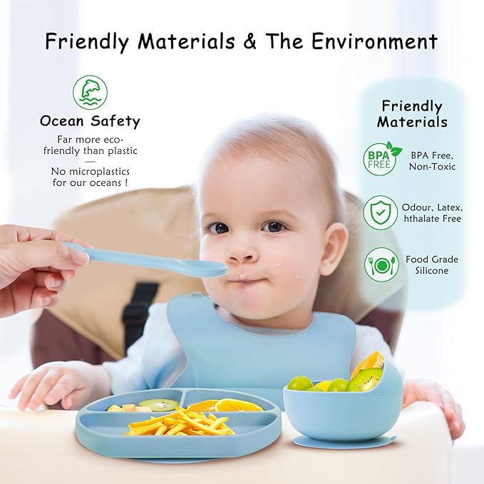 Baby Silicone Feeding Set, 13PCS Baby Self Feeding Set, Toddler Led Weaning Utensils Sets with Suction Bowl and Plate, 3 Set of Baby Spoons and Forks, Adjustable Bid, Sippy Cup with Straw and 2 Lids-CubbioJoy