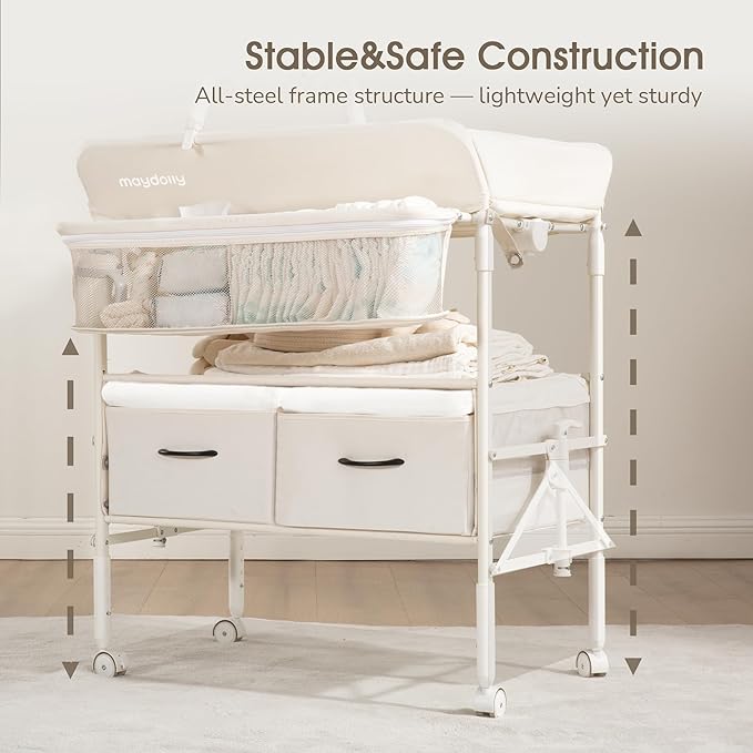 Baby Changing Table with Wheels, Maydolly Portable Foldable Changing Table, Waterproof Diaper Changing Station, Adjustable Height Changing Station, Mobile Nursery for Newborn and Infant (Beige)-CubbioJoy