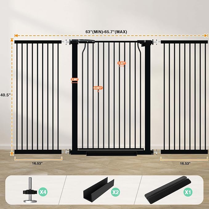 40.5" Extra Tall Baby Gate for Stairs, 63"-65.7" Extra Wide Long Dog Pet Gate, Auto Close Safety Child Gate Indoor, No Drill Adjustable No Climb Fence for Stairs Kid or Pet Black-CubbioJoy