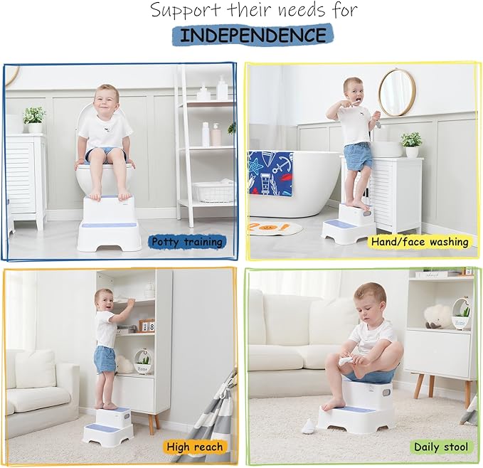 Blue Toddler Step Stool for Bathroom Sink, 2 Step Stool for Kids Kitchen Sink, Heavy Duty Stepping Stool for Toddlers Toilet Potty Training (2 Pack, White-Blue)-CubbioJoy