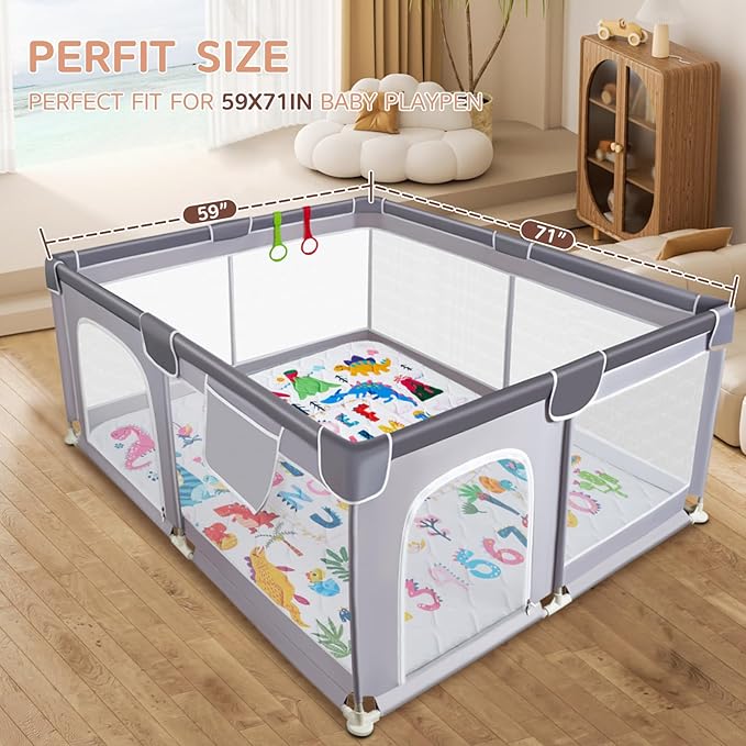 Baby Play Mat - Thicken 71x59 Inch Soft Foam Crawling Mat for Playpen & Floor, Non-Slip Waterproof Playmats for Infants & Toddlers, Portable Foldable & Machine Washable, Dinosaur & Letters-CubbioJoy