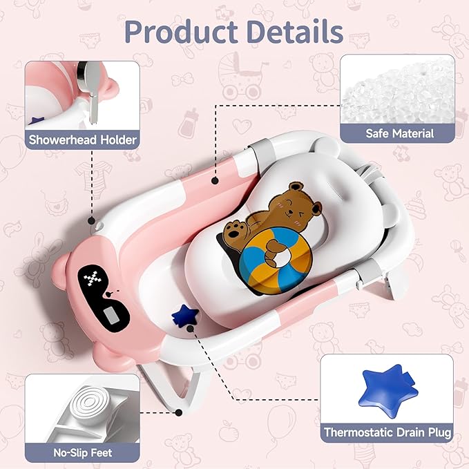 Collapsible Baby Bathtub for Newborn to Toddler (0-18 Month) - Portable Baby Bath Tub for Travel, Newborn Bathtub with Soft Towel and Floating Cushion (Pink)-CubbioJoy