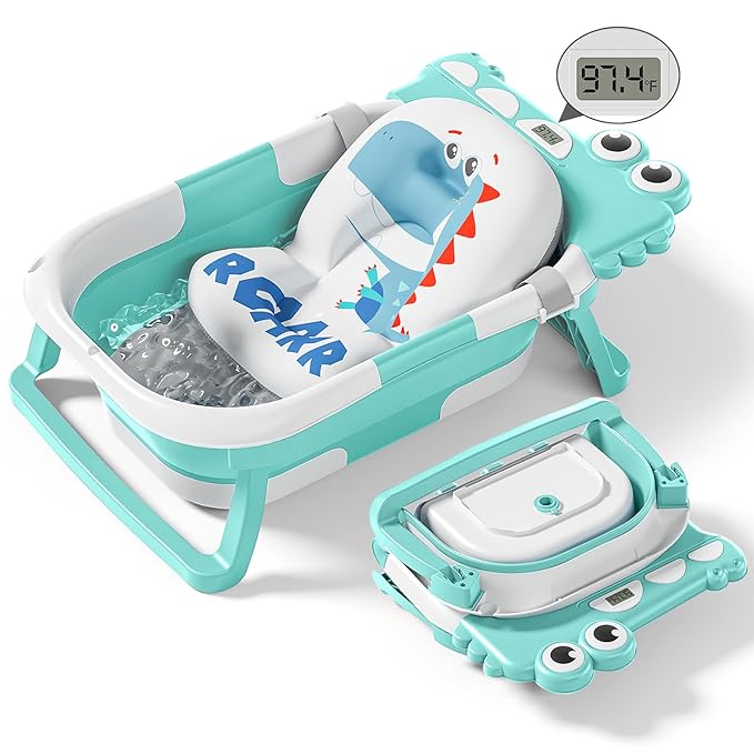 Collapsible Baby Bathtub for Newborn with Thermometer & 1 Soft Floating Cushion & Drain Hole, Foldable & Portable Travel Baby Bath Tub for Newborns to Toddlers 0-36 Months Boys, Cyan-CubbioJoy