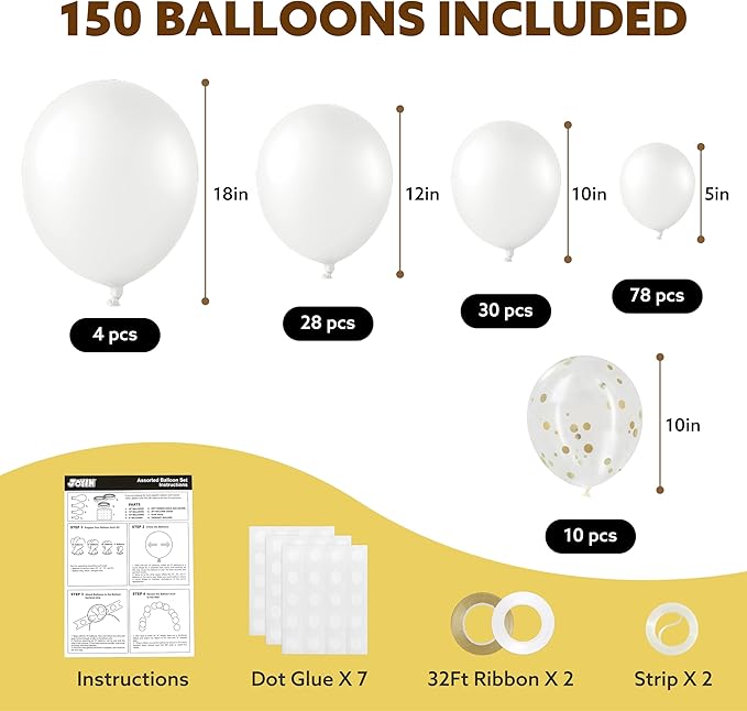 JOYIN 150 Pcs White Balloons, Different Sizes 18 12 10 5 Inch White Latex Balloon Arch Kit with Instruction for Birthday Decoration Party Graduation Wedding Holiday-CubbioJoy
