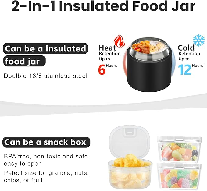 2-in-1 Insulated Food Jar & Snack Container - 15oz Kids Soup Thermos for Hot Food with Handle and Spoon, Leak Proof Reusable Toddler Snack Box, Perfect for School & Travel, Black-CubbioJoy