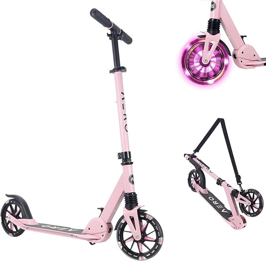 Aero Big Wheels Kick Scooter for Kids 6+, Teens & Adults | Light Up Wheels, Hand Brake, Rubber Deck Mat & Shock Absorption | Foldable & Height Adjustable-CubbioJoy