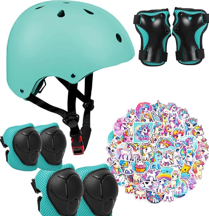 Kids Bike Helmet with Knee Elbow Wrist Pads Guards,Pink,for Ages 2-3-5-8-14,Sports Bicycle,Skate Scooter,Rollerblading with Unicorn Sticker-CubbioJoy