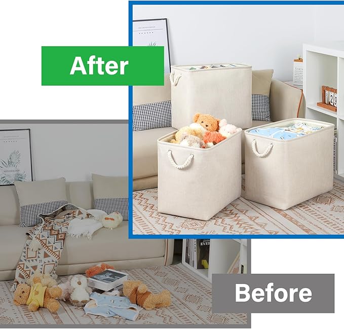 Bidtakay Extra Large Storage Baskets for Organizing Clothes Storage Bins 3 Pack Fabric Storage Bins for Shelves Linen Collapsible Organizer for Closet-Light Biege-CubbioJoy