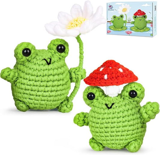 Crochetta Crochet Kit for Beginners, Beginner Crochet Animal Kits for Adults with Step-by-Step Video Tutorials, DIY Knitting & Crocheting Craft Hobbies Supplies, 2 Pack Frog Amigurumi(40%+ Yarn)-CubbioJoy
