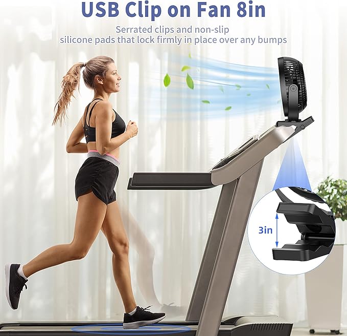 ATEngeus USB Desk Fan, Rechargeable Portable Fan, 8-Inch Clip on Fan, 10000mAh Stroller Fan, 4 Speeds Strong Airflow, 720° Rotation, with Sturdy Clamp, Suitable for home, office and stroller-CubbioJoy