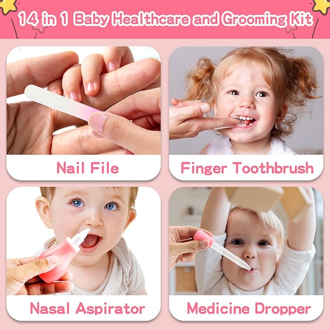 Baby Grooming Kit，Infant Safety Care Setwith Hair Brush Comb Nail Clipper Nasal Aspirator, Baby Essentials Kit for Newborn Girls Boys (14 PC-Pink Kit)-CubbioJoy