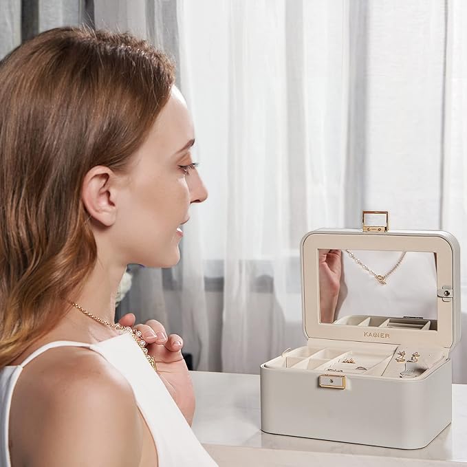 KAMIER Jewelry Box, 2 Layers PU Leather Jewelry Organizer Box, Large Capacity, Double Lock and Large Mirror, Hidden Necklace Hooks, Removable Dividers, Grey-CubbioJoy