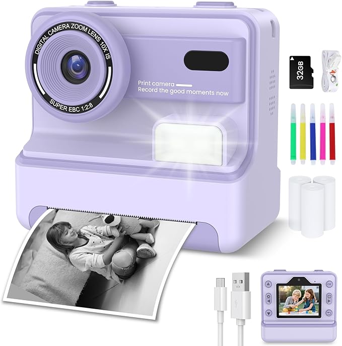 Instant Camera, Instant Print Camera for Kids with 1080P Videos, Front Rear Dual Selfie, 3 Rolls Print Paper & 32GB SD Cards, Christmas Birthday Gifts for Girls Age 3-12-CubbioJoy