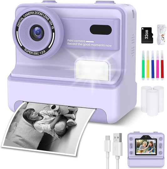 Instant Camera, Instant Print Camera for Kids with 1080P Videos, Front Rear Dual Selfie, 3 Rolls Print Paper & 32GB SD Cards, Christmas Birthday Gifts for Girls Age 3-12-CubbioJoy