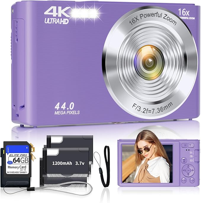 Digital Camera for Teens, FHD 4K 44MP Digital Camera Purple with 64GB SD Card 16X Digital Zoom, Cameras for Photography Compact Point and Shoot Camera for Teen Boys Girls Kids Camera Digital Purple-CubbioJoy