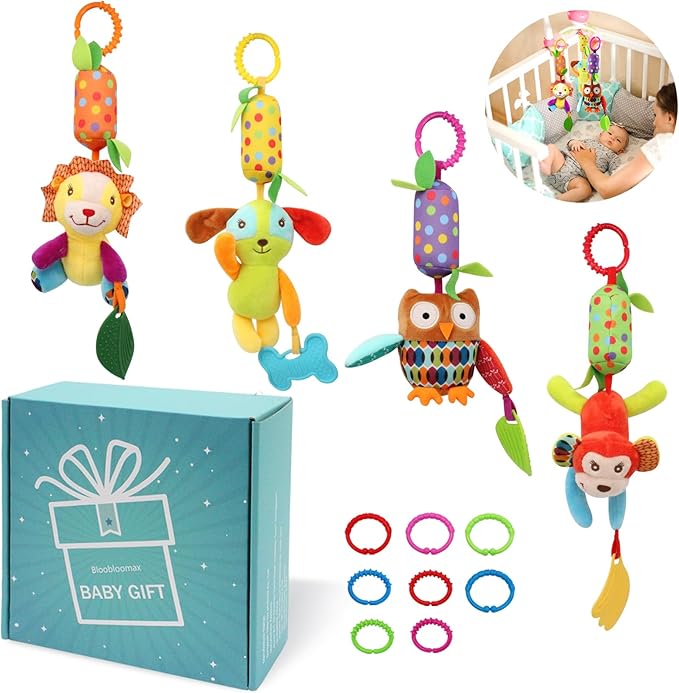 Bloobloomax Baby Soft Hanging Rattle, Car Seat Stroller Toys with Plush Animal C-Clip Ring for Infant Babies Boys and Girls 3 6 9 to 12 Months (12PCS-A)-CubbioJoy