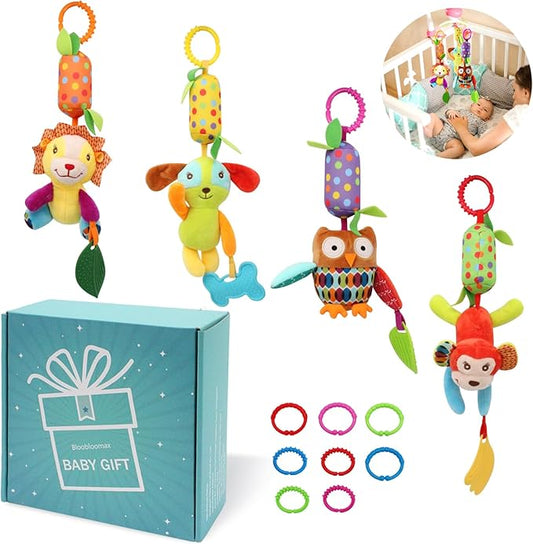 Bloobloomax Baby Soft Hanging Rattle, Car Seat Stroller Toys with Plush Animal C-Clip Ring for Infant Babies Boys and Girls 3 6 9 to 12 Months (12PCS-A)-CubbioJoy