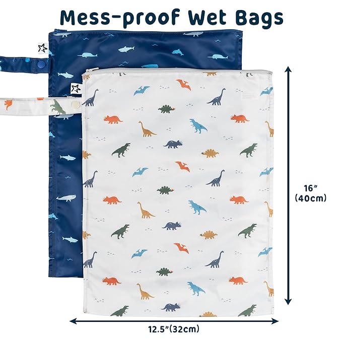 Tiny Twinkle Mess-Proof Waterproof Wet Dry Bag | 2-Pack Reusable Wet Bags for Swimsuits & Baby Clothes | Leakproof Wet Bag for Travel & Diaper Changes for Baby (Dinosaur, Ocean Life)-CubbioJoy