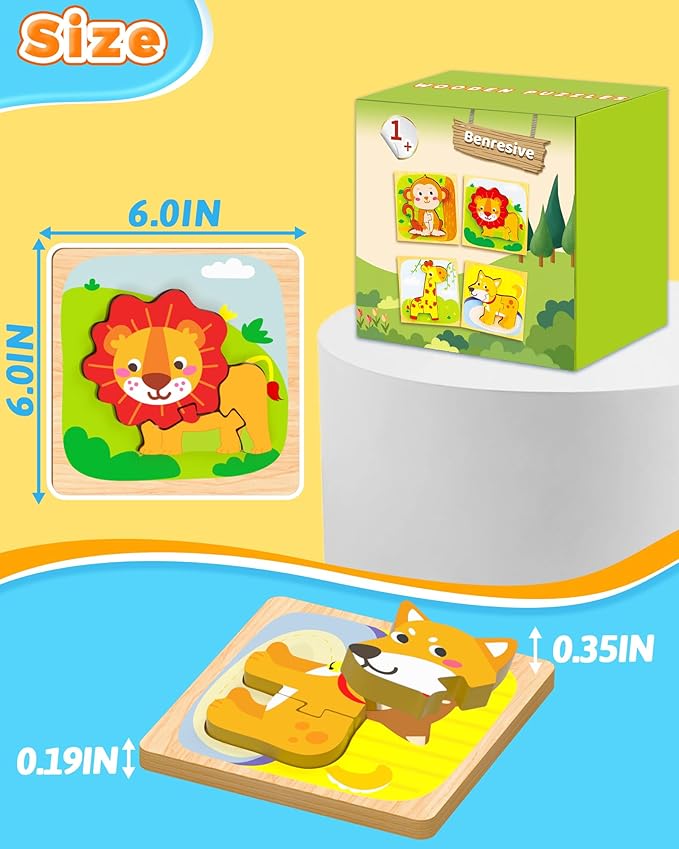 Benresive Wooden Toddler Puzzles, 4pcs Animal Montessori Toys for 1-3 Year Old Boys & Girls, Learning Educational Preschool Toys, Great Gifts for 1 2 3 Year Olds-CubbioJoy