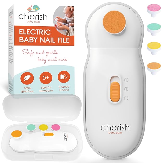 Cherish Baby Care Baby Nail Trimmer Electric - Automatic Safety Stop, BPA-Free & Safety-Tested Electric Nail File Baby, Includes 4 File Pads, 0-12+ Months-CubbioJoy