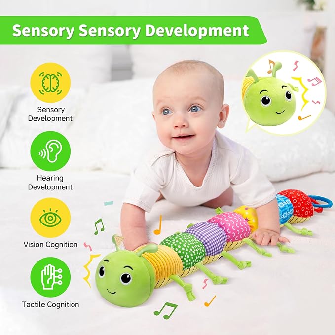 Baby Toys, Musical Plush Stuffed Toy for Newborn 0-3 0-6 3-6 6-12 Months Old, Animal Soft Rattle Sensory Toys with Teether for Tummy Time, Infant Boy& Girl Easter Gifts, Caterpillar-CubbioJoy