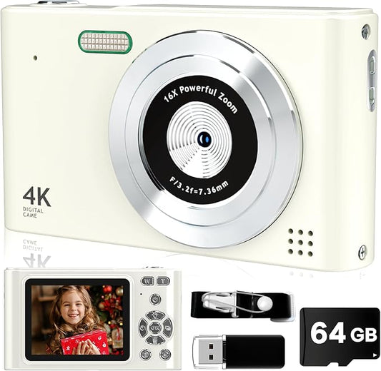 Digital Camera, 44MP Full HD 1080P Point and Shoot Camera with 64GB Card, Anti Shake 16X Zoom Compact Volg Cameras, Portable Small Camara Gift for Kids, Ages Teen Girl Boy - White-CubbioJoy