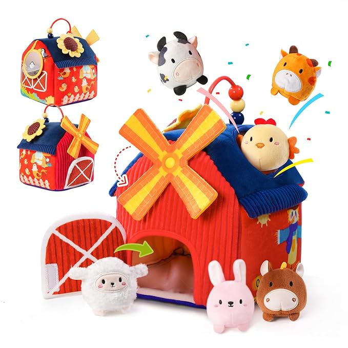 Baby Toys 6-12 Months, Montessori Sensory Toys, My First Farm House Toy with 6 Stuffed Animals,Rotating Windmill & Sunflower Crinkle, Rattle, Fun Mirror Fine Motor Skills Development,Baby Gift-CubbioJoy
