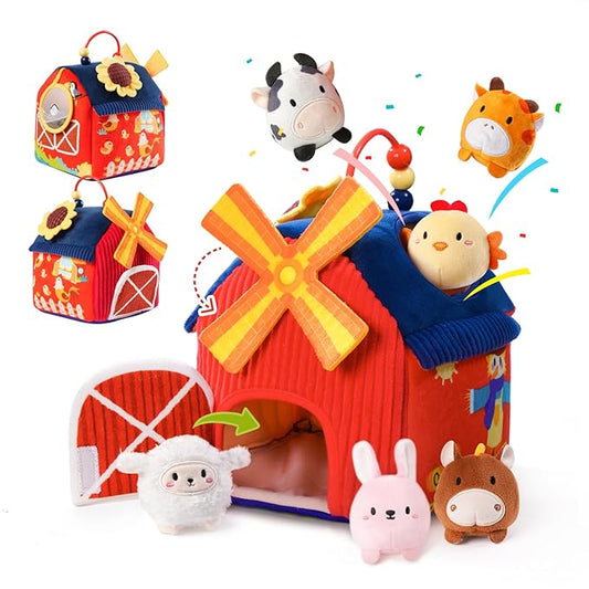 Baby Toys 6-12 Months, Montessori Sensory Toys, My First Farm House Toy with 6 Stuffed Animals,Rotating Windmill & Sunflower Crinkle, Rattle, Fun Mirror Fine Motor Skills Development,Baby Gift-CubbioJoy