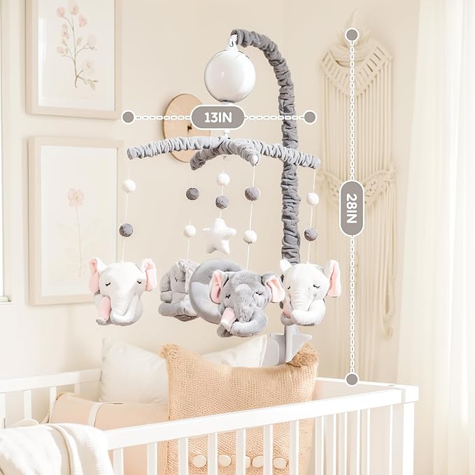 Baby Crib Mobile - Elephant Crib Mobile for Girls with 25 Inches Mobile Arm and 35 Lullabies Musical Box, 3 Modes Digital, Volume Control, Essential Gift for Infant Bedroom Hanging Decor-CubbioJoy