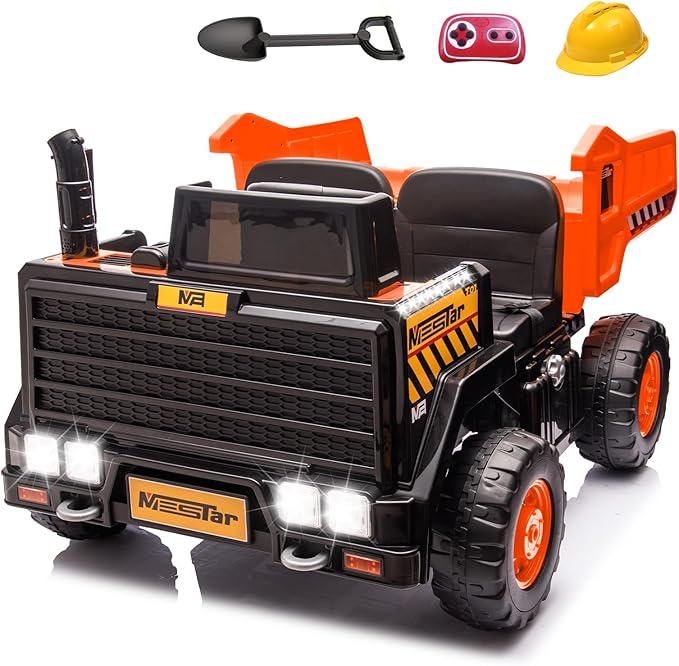 24V Ride On Dump Truck, 24inch-2 Seater Ride On Car for Kids w/Remote Control 4WD/2WD Up to 5 Mph, 24v Ride on Toys for Big Kids w/Electric Dump Bed Extra Shovel Traffic Cones (Orange)-CubbioJoy