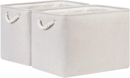 Bidtakay Large Fabric Storage Bins Beige Linen Closet Organizers Set of 2 Baskets for Shelves Clothes Bedroom 16x11.8x11.8 Inch Foldable Organization Baskets for Towels Blankets Storage Dog Toys-CubbioJoy