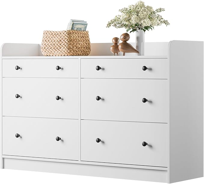 Cozy Castle Baby Dresser with 6 Drawers and Large Table Top, Multi-Functional Chest of Drawer, Drawer Dresser with Three-Sided High Rails for Nursery, Children's Room, Bedroom, White-CubbioJoy