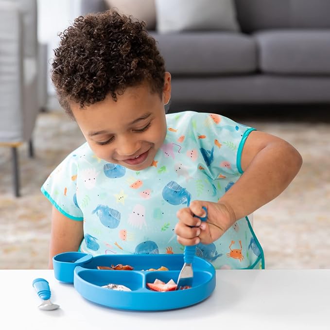 Bumkins Toddler Utensils, Kids Size Fork and Spoon Set, Silicone and Stainless-Steel Training Silverware, Angled Forks / Sporks for Self-Feeding, Children Hold Learning to Eat, 18 Mos Up, Dark Blue-CubbioJoy