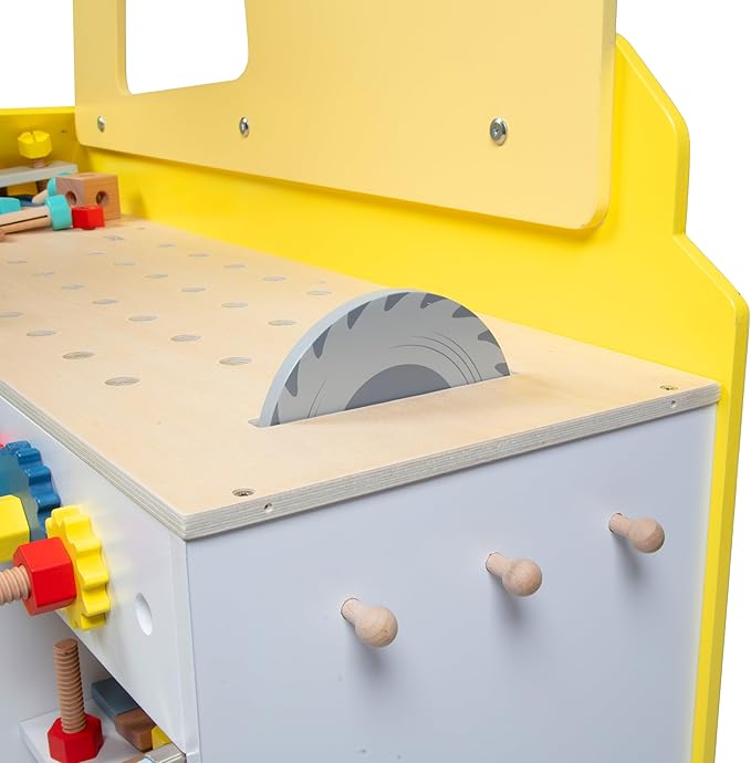 Construction Truck Wooden Playset w 60+ Toy Pieces- Pretend Hammer Saw Bolts & Screws- Spinning Turn Saw, Steering Wheel, Wood to Pull Apart- Dual Sided Play Stand Center, Workbench Building Kids Gift-CubbioJoy