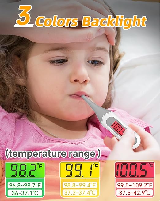 8 Seconds Digital Oral Thermometer for Adults and Kids, Accurate & Safe Baby Thermometer with Fever Alarm, 3 Backlits Display, Flexible Tip, Medical Basal Thermometer for Rectal, Underarm-CubbioJoy