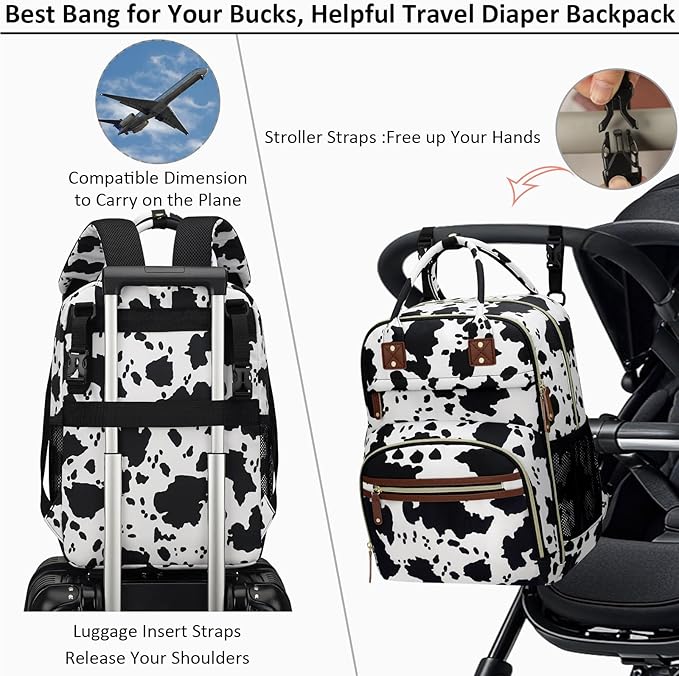 Diaper Bag Backpack for Women with Changing Pad, Baby Bag with Insulated Pockets Multifunctional Diaper Bags For Baby Girl Boy Waterproof Baby Bags For Boys Girls Maternity Bag Cow Print-CubbioJoy