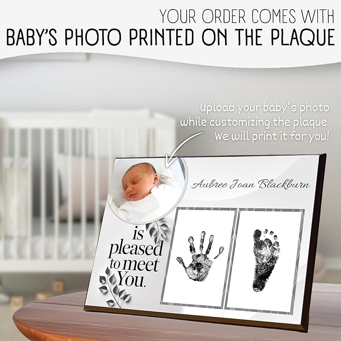 Baby Hand and Footprint Kit with Photo & Birth Details, Inkless Hand and Footprint Kit, Newborn Keepsake Plaque, Baby Shower Gifts (STYLE 1 (Fully Personalized) (Is Pleased To Meet You))-CubbioJoy