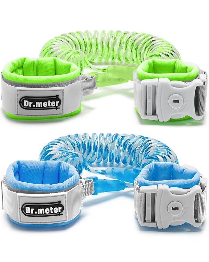 Dr.meter Anti Lost Wrist Link, 2 Pack Toddler Safety Leash with Key Lock, Reflective Child Walking Harness - Dual 8.2ft Length Blue & Green Kids Leash for Supermarket Mall Airport Amusement Park Zoo-CubbioJoy