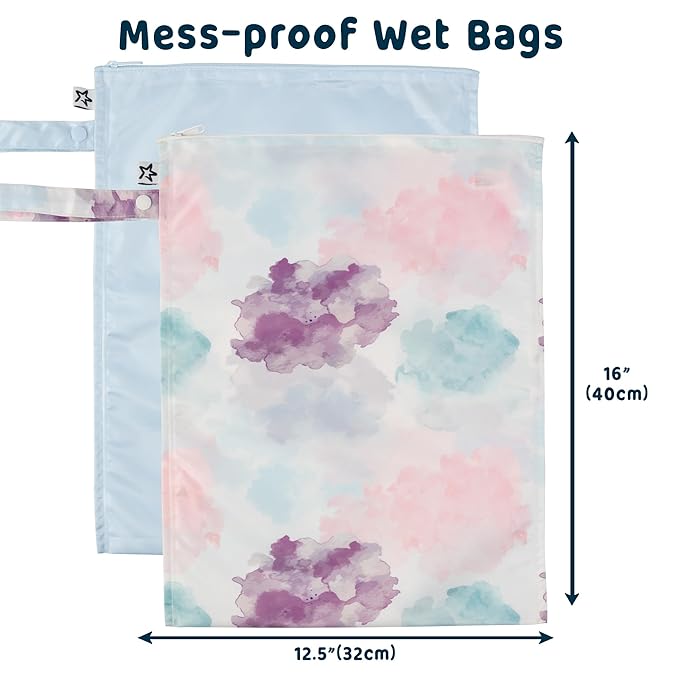 Tiny Twinkle Mess-Proof Waterproof Wet Dry Bag | 2-Pack Reusable Wet Bags for Swimsuits & Baby Clothes | Leakproof Wet Bag for Travel & Diaper Changes for Baby (Cotton Candy)-CubbioJoy