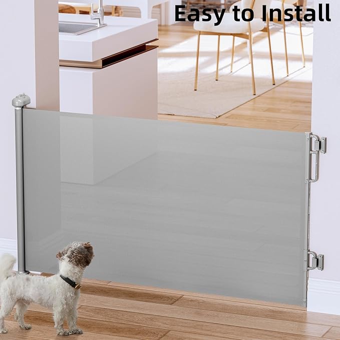 Cumbor 2-Pack Retractable Baby Gates for Stairs, 55" Wide Soft Mesh Pet Gate for Dogs with One Hand Opening, 34" Tall Toddler Gate with Top Lock for Bedroom, Doorways, Indoor/Outdoor, Gray-CubbioJoy