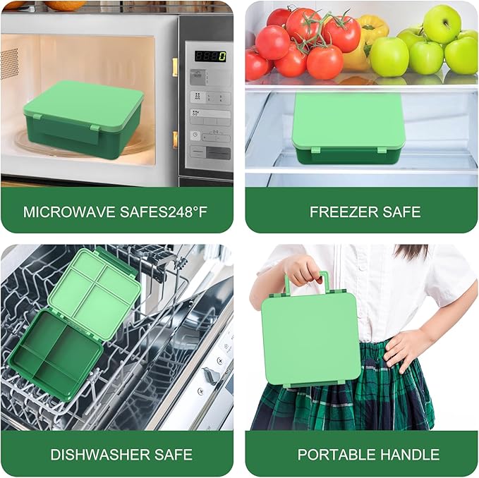 Bento Lunch Box with 8oz Soup Thermo, Kids Leakproof Lunch Food Containers with 4 Compartment, Kids Thermo Insulated Hot Food Jar for School, Trvael-Green-CubbioJoy