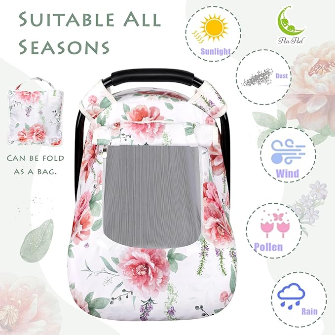 Baby Carseat Cover Girls, Pea Pod Floral Infant Car Seat Covers Canopy for Newborn with 2 Layers Windows of Breathable Mesh/Fabric, Lightweight Polyester/Minky Dot Backing, Snug Fit Most Baby Car Seat-CubbioJoy