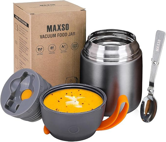 Insulated Thermo Food Jar for Hot & Cold Food for Kids Adult, 17 oz Soup Thermal Hot Food Containers for Lunch, Triple Layer Insulation Stainless Steel Food Jar with Spoon (Grey)-CubbioJoy