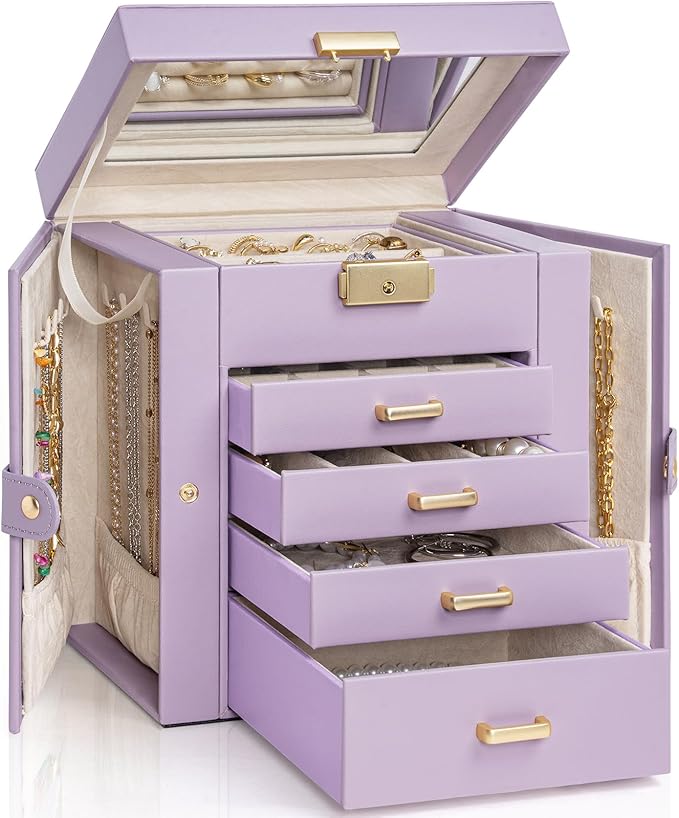 AKOZLIN 5-Tier Jewelry Box Leather Jewelry Storage Organizer with 4 Drawers Lockable for Women Girls Ring Necklace Earring Bracelet Watches Holder with Mirror Purple-CubbioJoy