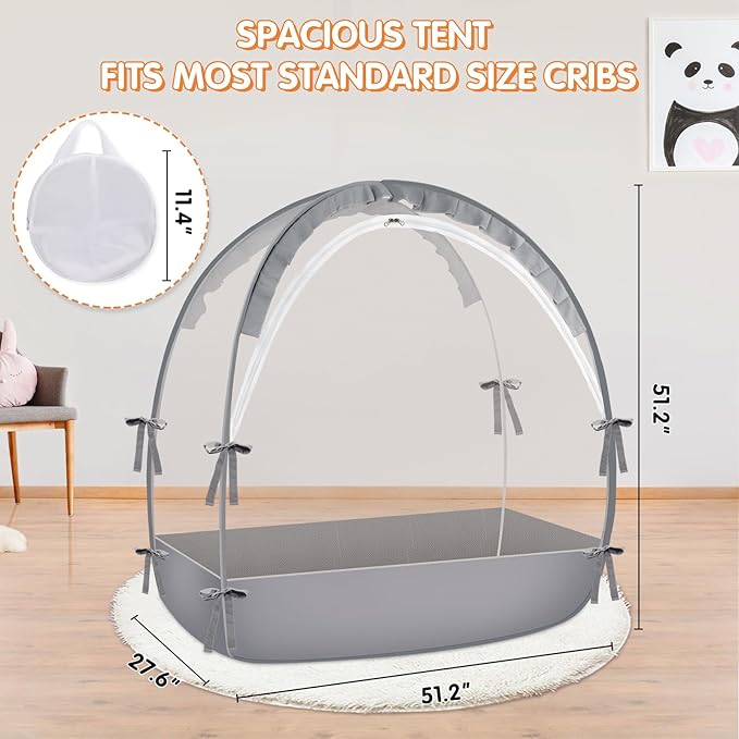 Crib Tent to Keep Baby from Climbing Out - Crib Net to Keep Baby in - Pop Up Breathable Cribs Cover - Canopy with Upgrade Strong Mesh and Durable Zipper (Grey, Lager)-CubbioJoy