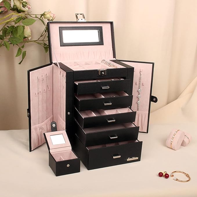 6 Tier Jewelry Box, Jewelry Case with 5 Drawers, Large Storage Capacity, with Mirror, Lockable, Jewelry Storage Organizer, Gift for Loved Ones-CubbioJoy