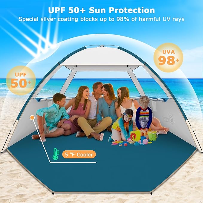 COMMOUDS Beach Tent Sun Shade for 3/4-5/6-7/8-10 Person, UPF 50+ Beach Sun Shelter Canopy Tent, Lightweight, Easy Set Up and Carry-CubbioJoy
