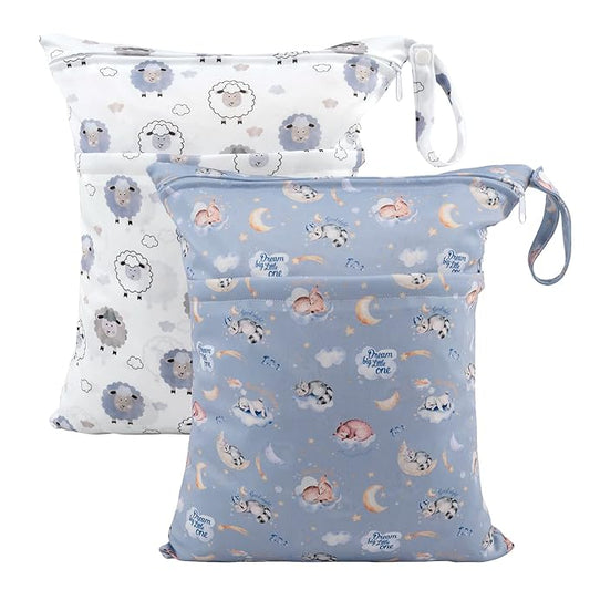 ALVABABY 2pcs Cloth Diaper Wet Dry Bags Waterproof Reusable with Two Zippered Pockets Travel Beach Pool Daycare Soiled Baby Items Yoga Gym Bag for Swimsuits or Wet Clothes LZD2122-CubbioJoy